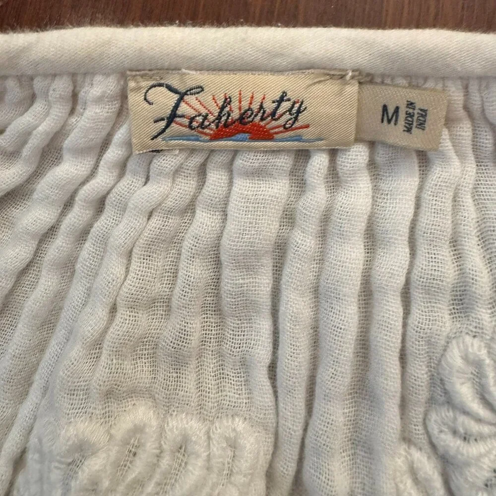 FAHERTY Cotton Gauze Blossom Embroidered Tassels 3/4 Sleeves Peasant Top - Picture 5 of 5